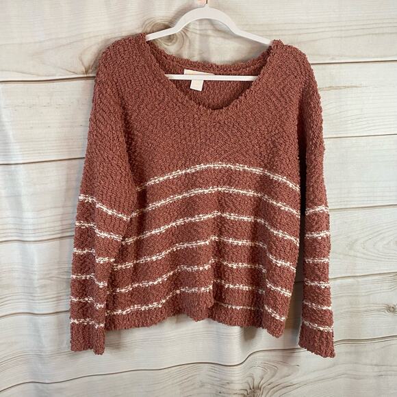 C&C California Brown & White Striped Fuzzy Sweater Size Medium - Picture 1 of 6
